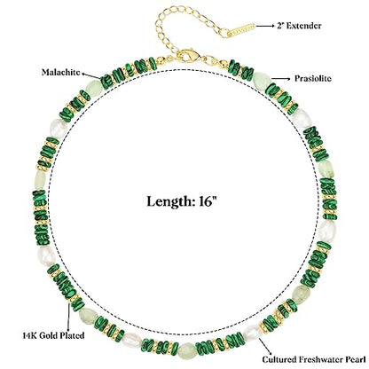 KissYan Beaded Gemstone Necklaces for Women | Colorful Bead Natural Stone Choker with 14K Gold Plated Spring Ring Clasp, Handmade Knot Jewelry for Summer Beach - color: N-Malachite