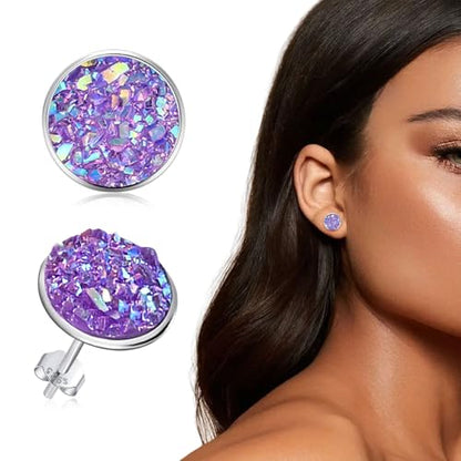 Silver-tone Faux Druzy Stud Earrings，925 Sterling Silver Hypoallergenic Natural Gemstone Earrings for Women Trendy Fashion - color: Purple