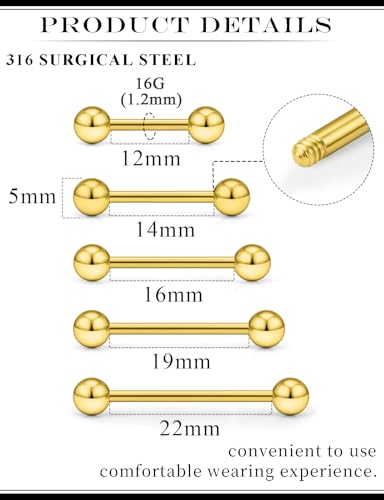 14G 16G Mix Size Tongue Rings Piercing Jewelry Stainless Surgical Steel Straight Barbell Nipple Tongue Ring Piercing Jewelry For Women Men 12MM 14MM 16MM 19MM 22MM Silver Black Gold - color: Gold, size: 16 Gauge-12MM/14MM/16MM/19MM/22MM
