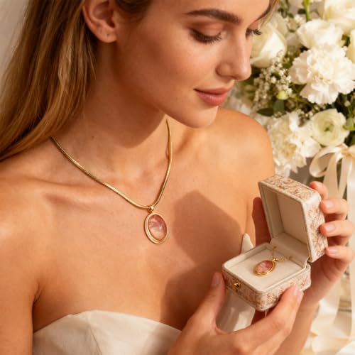 Sonateomber Gold Stone Pendant Necklace for Women, Chunky Statement Dainty Heart Oval Natural Gemstone Dangle Necklaces Wedding Prom Accessories Fashion Jewelry Gift - color: Pink Cat's Eye