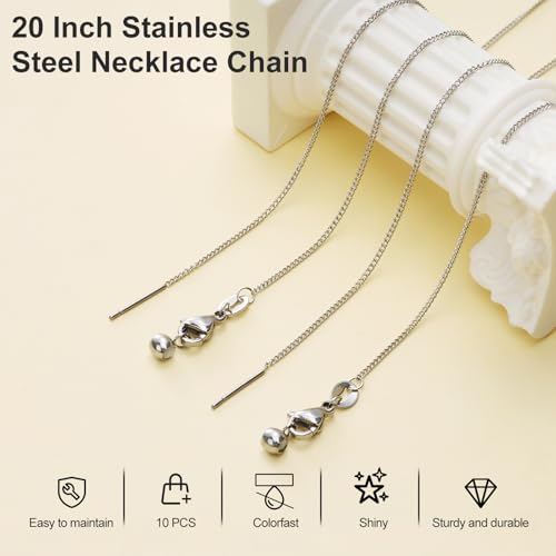 Crisjanggo 10 Pcs Silver Necklace Cable Chain Stainless Steel Chain for Jewelry Making Adjustable Charm Necklace Bulk 20 Inches with Lobster Clasps for Women - color: Silver Cable