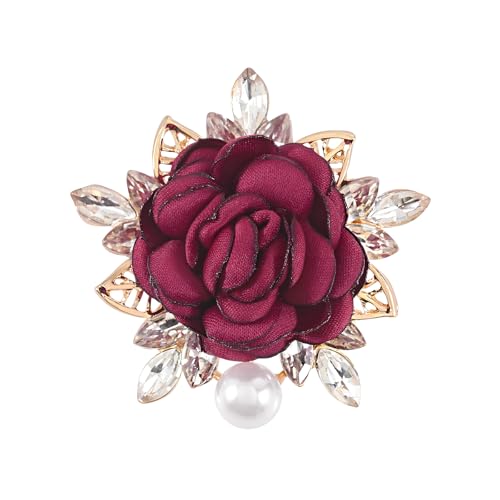 Handmade Elegant Red Rose Flower Brooch Pin for Women Crystal Pearl Fabric Flower Lapel Pin Dress Suit Accessories - color: Red