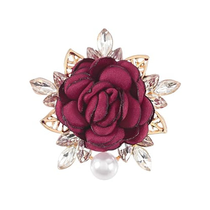 Handmade Elegant Red Rose Flower Brooch Pin for Women Crystal Pearl Fabric Flower Lapel Pin Dress Suit Accessories - color: Red