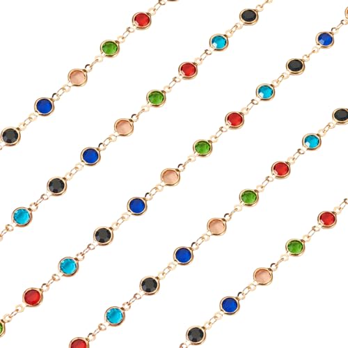 PH PandaHall Pandahall 16.4 Feet Rhinestone Jewelry Chains Colorful Glass Crystal Chains Gold Plated Brass Chains Handmade Flat Round Link Chains for Bracelet Necklace Jewelry Making