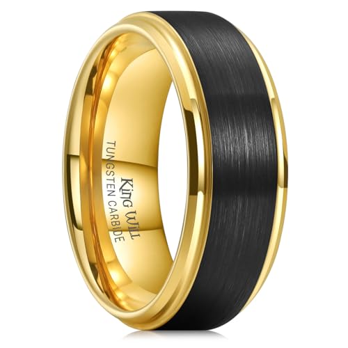 King Will Mens Brushed Wedding Band, Two Tone Matte Step Edges/Pipe Cut, Tungsten Carbide Anniversary Promise Rings Comfort Fit - color: Black&Gold-8mm