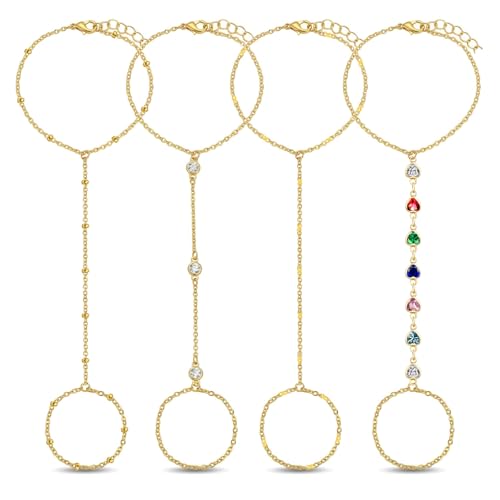 Hand Chain Bracelet Ring Set,4PCS 18K Gold Plated Stack Bracelets, Adjustable Trendy Dainty Ring Bracelet, Beach Theme, Women