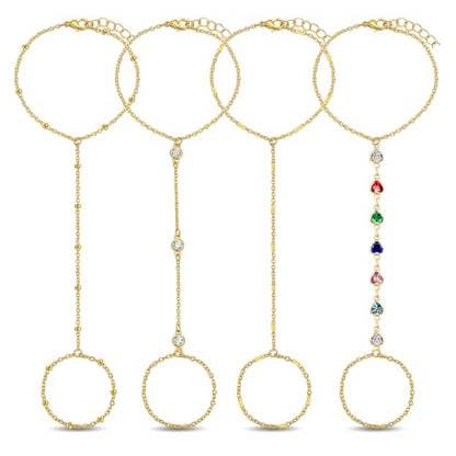 Hand Chain Bracelet Ring Set,4PCS 18K Gold Plated Stack Bracelets, Adjustable Trendy Dainty Ring Bracelet, Beach Theme, Women