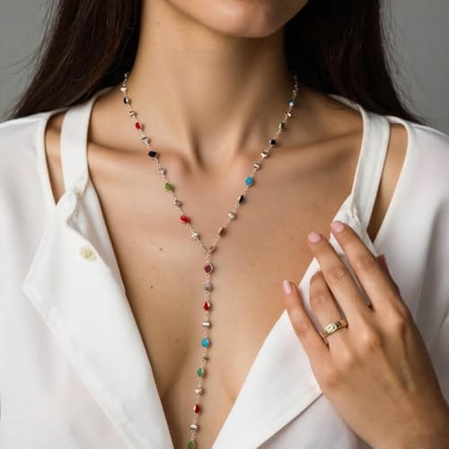 Colorful Rhinestone Y Chain Necklace Gold Long Crystal Y Lariat Necklace Rainbow Rhinestone Choker Necklaces Sparkly Long CZ Drop Chain Jewelry for Women - color: Silver
