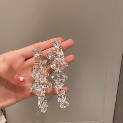 Large Clear Crystal Tassel Earrings for Women, 18K Gold Plated Posts, Geometric Chandelier Acrylic Drop Earrings, Oversized Transparent Cluster Dangles for Wedding, Party, Prom, Statement Jewelry