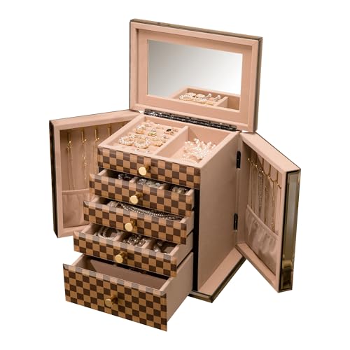 Glass Jewelry Box With square pattern, 5-Tier Jewelry Organizer for Women Girls, Jewelry Gift Decorative Boxes, Tabletop Organizer For Earring Necklace,Gift For Women,Gift for Mom - color: Brown, size: 5-layer