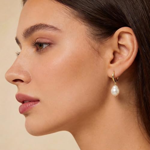 3 Pairs Huggie Hoop Pearl Earrings for Women, 14K Gold Plated Drop Dangle Earring Stackable Dainty Trendy Jewelry Set
