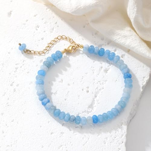 colorful Natural Stone Beaded Bracelets for Women, Boho Handmade Gemstone Bracelet, Stackable Summer Beach Jewelry - color: Light Blue Bead