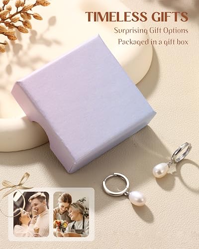 FIBO STEEL 14K Gold Plated Hoop Earrings with Charms for Women Huggie Hoops | Hypoallergenic 925 Sterling Silver Post Dangle Earrings Small Silver Gold Hoops Earring Cubic Zirconia Dangle Drop Jewelry - color: Pearl - Silver Plated