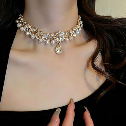 Bohemia Rhinestone Crystal Necklace Pearl Choker Wedding Jewelry Bridal Diamond Pendant for Women - color: gold