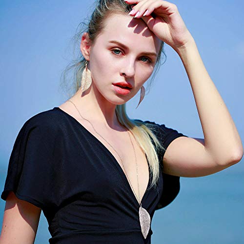 Filigree Long Leaf Pendant Dangle Necklace and Earring Jewelry Set | Beautiful Fashion Delicate Long Leaf Necklace Earrings For Women Trendy Boho - color: C-Rose Gold Jewelry Set