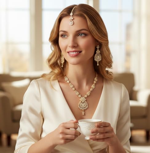 Touchstone Indian jewelry sets for women maang tikka wedding guest gold necklace bollywood jewellery set pageant elegant prom bride accessories western crystal chunky rhinestone necklaces - color: 1 1 White in gold plating long earrings