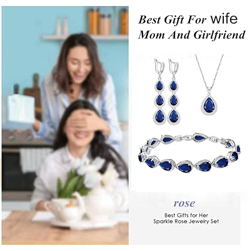 LMXXVJ Necklace Long Earrings Bracelet Set, White Gold Plated Created Blue Sapphire Jewelry Set Wedding Party Gift Jewelry for Women Bridal Bridesmaid - color: Blue