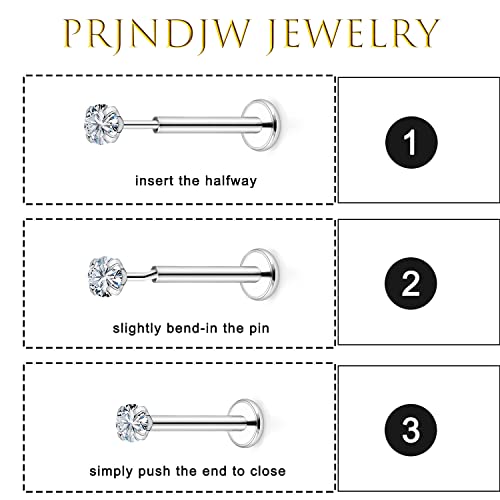 Prjndjw 18G 20G 16G Push in Threadless Nose Rings Stud Earrings Hypoallergenic Flat Back Surgical Stainless Steel Cubic Zircon Helix/Cartilage/Tragus/Lobe Earrings Lip Labret Snake Bite Jewelry - color: 20G Straight Threadless Push In Nose Rings