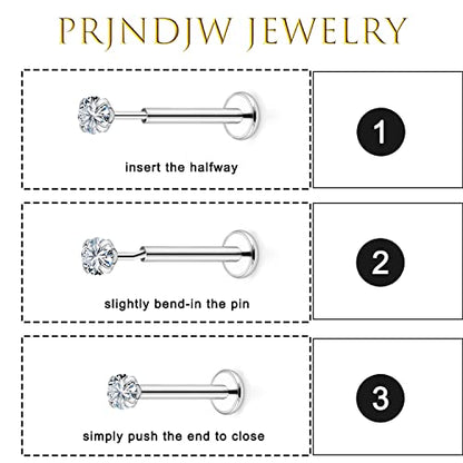 Prjndjw 18G 20G 16G Push in Threadless Nose Rings Stud Earrings Hypoallergenic Flat Back Surgical Stainless Steel Cubic Zircon Helix/Cartilage/Tragus/Lobe Earrings Lip Labret Snake Bite Jewelry - color: 20G Straight Threadless Push In Nose Rings