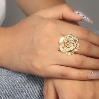 Gold Rose Flower Statement Cocktail Ring for Women Sparkly Rhinestones Crystal Floral Blooming Open Wrap Adjustable Finger Band Rings Stacking Comfort Fit Wedding Engagement Promise Fashion Jewelry