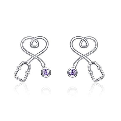 Stethoscope Earrings 925 Sterling Silver Heart Studs Earrings 12 Months Birthstone Crystals from Austria, Graduation Jewelry Gifts for Nurse Doctor RN Medical Student - color: Violet Purple