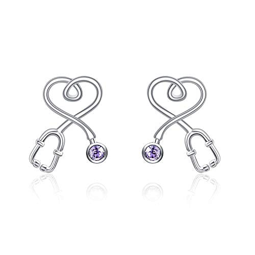 Stethoscope Earrings 925 Sterling Silver Heart Studs Earrings 12 Months Birthstone Crystals from Austria, Graduation Jewelry Gifts for Nurse Doctor RN Medical Student - color: Violet Purple