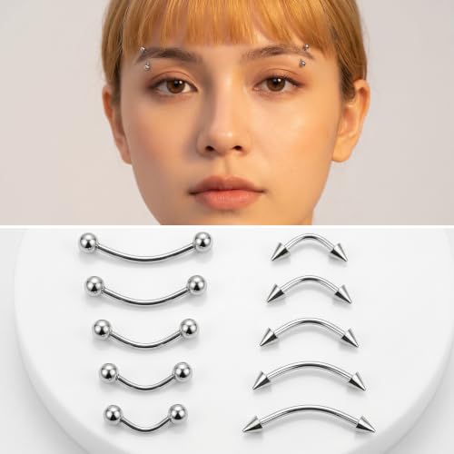 10 Pcs Eyebrow Piercing Jewelry Set – 16 g Surgical Steel Curved Barbell, Silver Vertical Labret Lip Jewelry, Tiny Eyebrow Rings Ear Rook Navel Small Belly-Button Ring for Women Men