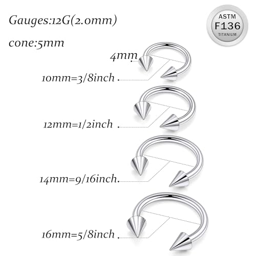 Ruifan 20G 18G 16G 14G 12G 8G 6G 4G 2G Horseshoe Nose Ring Titanium Septum Rings Piercing Jewelry Internally Threaded Gauges Cartilage Conch Helix Rook Lip Tragus Earring Hoop Eyebrow For Women Men - size: Spike: 12G - 14MM