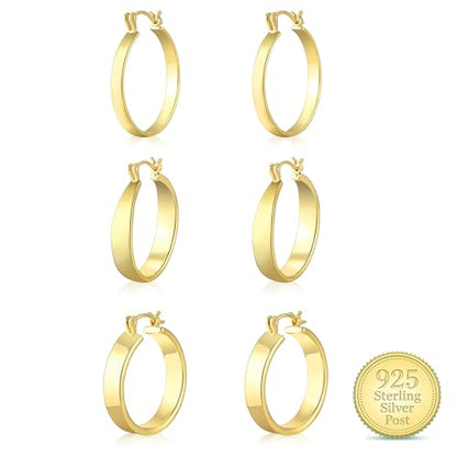 3Pairs 14K Gold Plated Chunky Hoop Earrings Set for Women, Trendy Hoop Earring 925 Sterling Silver Post - Hypoallergenic Thick Lightweight Twisted Hoops Dainty Gold Earrings for Women Jewelry Gifts - color: Gold 01