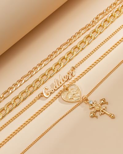 Gold Layered Necklaces for Women Chunky Layered Gold Link Chain Necklaces Trendy Paperclip Herringbone Toggle Clasp Necklace Statement Jewelry Accessories for Her - color: A6:heart goddess necklaces