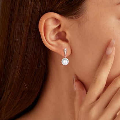 Double Pearl Drop Earrings for Women 925 Sterling Silver | 18k Gold Plated Big Large Pearl Dangle Earrings Pearl Dangling Stud Earring Bridal Wedding Jewelry Birthday Gifts for Mom - color: H-Silver