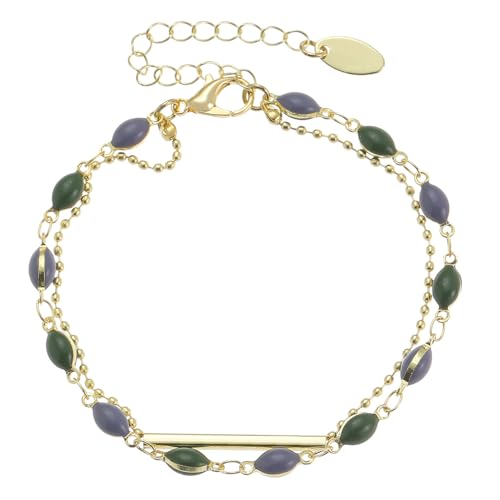 Green Blue Oval Stone Inlay Bar Accent Double Chain Link Bracelet For Women Dainty Minimalist Fashion Adjustable Layering Gold Color Chic