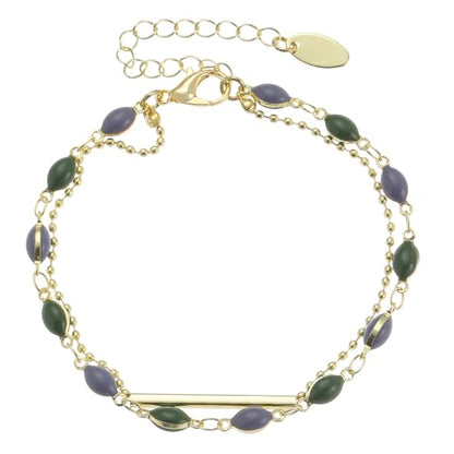 Green Blue Oval Stone Inlay Bar Accent Double Chain Link Bracelet For Women Dainty Minimalist Fashion Adjustable Layering Gold Color Chic
