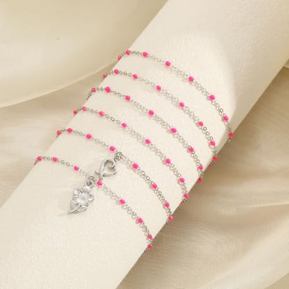 6 PCS Enamel Beaded Chains Bracelet Stainless Steel Link Bracelets | 6.7"+1.18", With Extender Chain, Fashion Jewelry Set, Gift For Women, Colorful, No Fade - color: Rose Silver