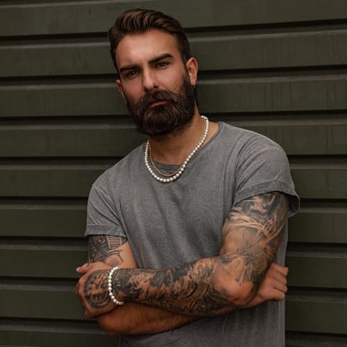 Forge & Foundry Marlow Men's Adjustable 8mm Shell Pearl (Man-Made) Bracelet | Design-Led Artisan Jewellery from London | Small, Medium, Large and Adjustable Sizing Options, 8mm Size, Size Adjustable | - color: Stainless stee, size: Large