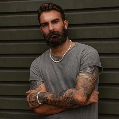 Forge & Foundry Marlow Men's Adjustable 8mm Shell Pearl (Man-Made) Bracelet | Design-Led Artisan Jewellery from London | Small, Medium, Large and Adjustable Sizing Options, 8mm Size, Size Adjustable | - color: Stainless stee, size: Large