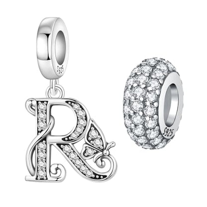 2 Pack 925 Sterling Silver Butterfly Letter Charms for Bracelets and Necklace Alphabet Initial Dangle Pendants Round Spacer Beads Pave Cubic Zirconia Jewelry Gift for Women - color: R Set