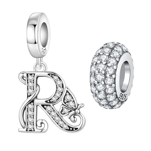 2 Pack 925 Sterling Silver Butterfly Letter Charms for Bracelets and Necklace Alphabet Initial Dangle Pendants Round Spacer Beads Pave Cubic Zirconia Jewelry Gift for Women - color: R Set