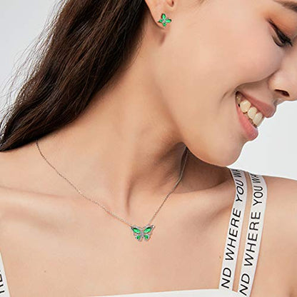 925 Sterling Silver Birthstone Butterfly Jewelry Women Crystal Animal Cute Butterflies Birthday Necklace/Earring/Ring/Bracelet Sets Birth Stone Statement Anniversary Jewellery - color: 1-E.May-Emerald
