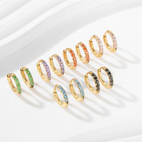Hypoallergenic Unisex Surgical Steel Small Cubic Zirconia Huggie Hoop Earring, Color Gold - Silver - Rose Gold - Black - Rainbow, Size 6mm- 12mm Safe for Sensitive Ear - style: P06 : 8mm - gold - black cz