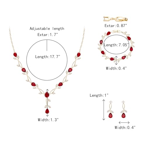 Crysdue Wedding Jewelry Set for Brides Bridesmaid, Cubic Zirconia Teardrop Marquise Leaf Cluster Pendant Necklace Bridal Tennis Bracelet Drop Earrings for Women Party Prom - style: A- CZ set-red, gold
