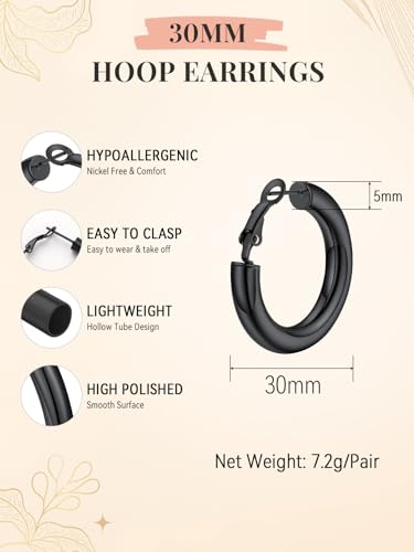 FaithHeart Silver/Black/Gold Stainless Steel Chunky Hoop Earrings for Women | Hypoallergenic Lightweight Hoop Earrings, Trendy Statement Thick Hoop, 20/30/40/50/60/70/80mm - color: Black, size: 30mm