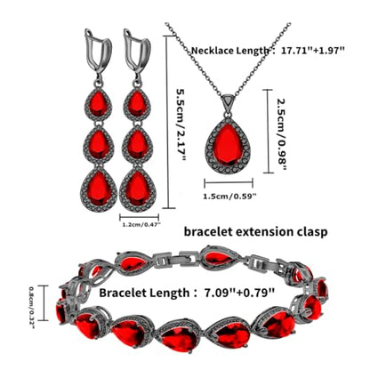 LMXXVJ Necklace Long Earrings Bracelet Set, White Gold Plated Created Blue Sapphire Jewelry Set Wedding Party Gift Jewelry for Women Bridal Bridesmaid - color: Black Gun-Ruby Red