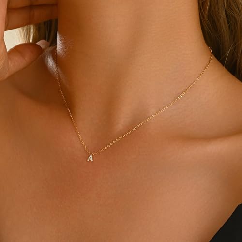 Small Letter Necklace for Women 18K Gold Plated Cubic Zirconia Tiny Initial Necklace Dainty Personalized Name Necklaces - color: A-Gold