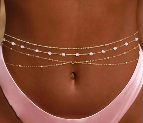 Waist Chains for Women 14K Gold Plated Adjustable Layered Belly Chain Dainty Cuban Waist Beads Body Chain Bikini Beach Jewelry Belts Gifts - color: Gold03