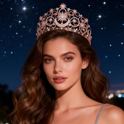 Crystal Crowns for Women, Crystal Bubble TiaraBride Royal Queen Headband Princess Headpieces for Women Bridal Wedding Prom Birthday Party Crowns - color: Rose Gold Star & Moon Crown