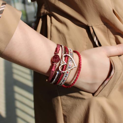 Womens Love Heart Leather Wrap Bracelet Multi-layer Stacked Bangle | Magnetic Clasp Soft PU Leather Resin Stone Rhinestone Boho Style Birthday Valentine Christmas Bohemian Jewelry Gift - color: Wine Red