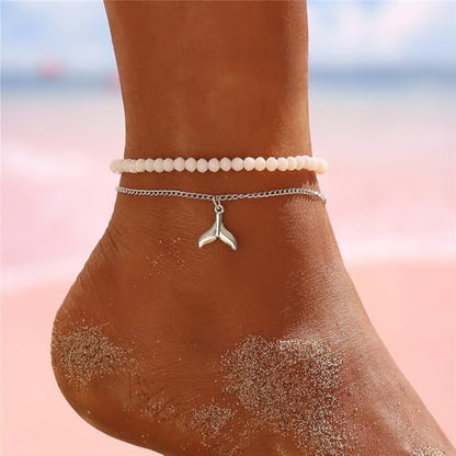 Boho Fish Tail Pendant Anklet Set of 2 – Adjustable Layered Beach Foot Jewelry – Bohemian Seed Bead Ankle Bracelet for Women