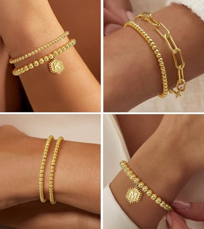 doubgood Gold Bracelets for Women, 14K Gold Plated Stackable Initial Beaded Bracelet with Letter Pendant Waterproof Stretch Trendy Stack Jewelry Set Gifts for Mom Christmas - color: U - Gold