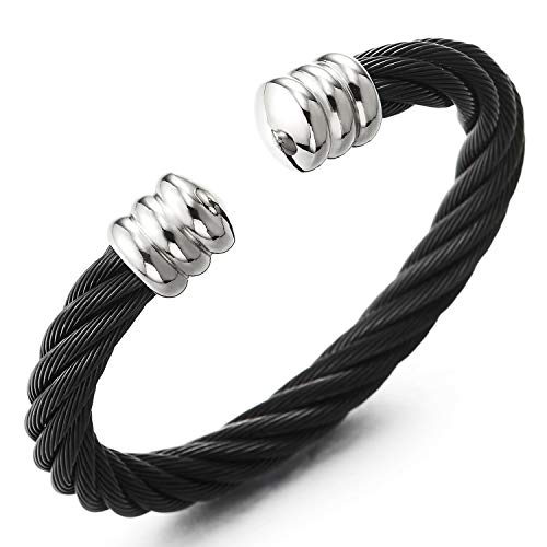 COOLSTEELANDBEYOND Large Elastic Adjustable Steel Twisted Wire Cuff Bangle Bracelet for Men Women - color: C-Metal Color: Black & Silver
